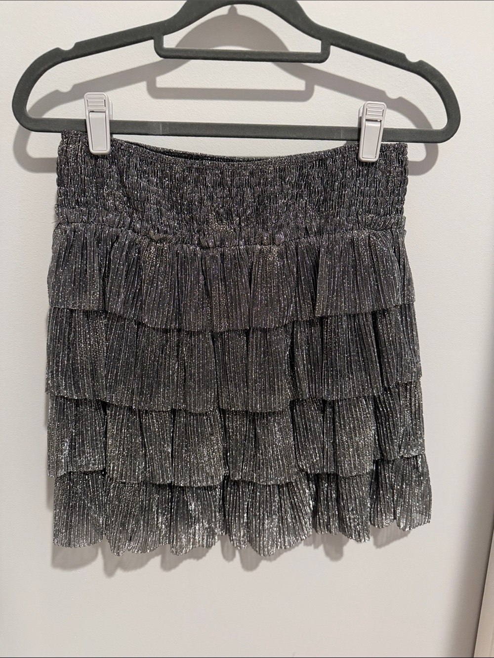 Storia Silver Tiered Ruffle Mini Skirt